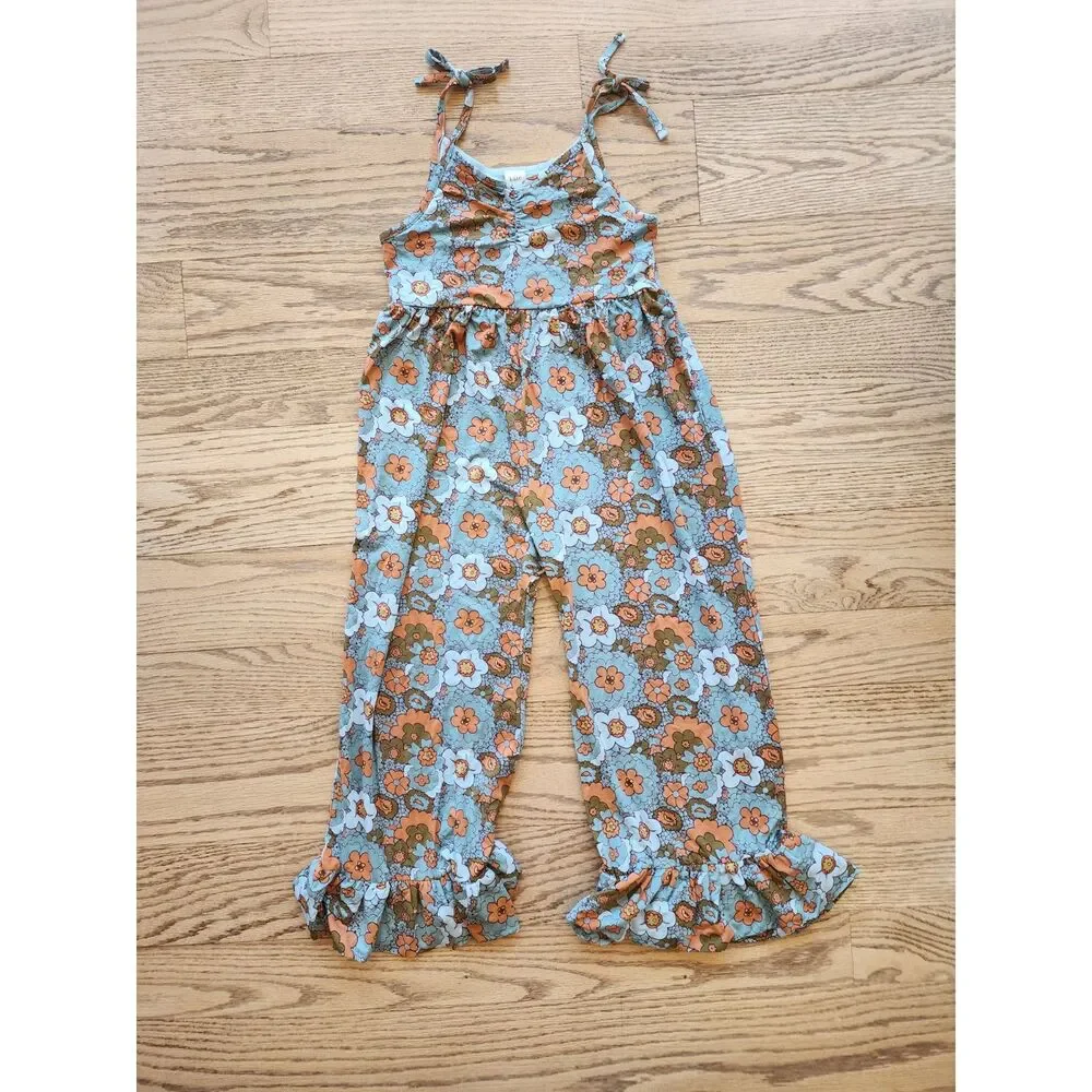 Kate Quinn 5Y Spaghetti Ruched Gauccho Jumpsuit Jadeite Mid-Century Floral New